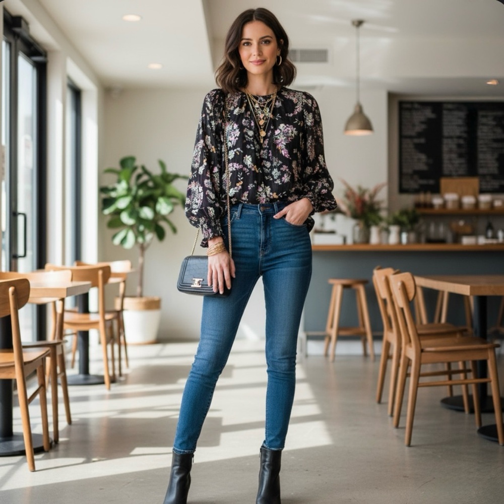 Rebecca Taylor Smocked Cuff Long Sleeve Floral Top